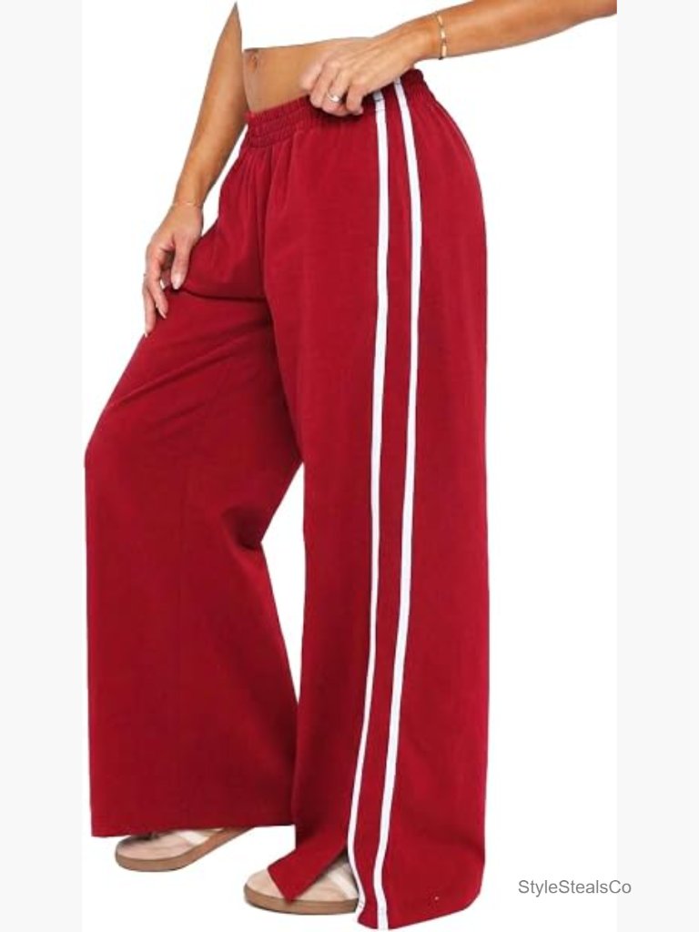 Elastic Waist Wide Leg Pants With Pockets And Side Stripes